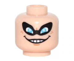 Minifigure, Head Black Eye Mask with Holes over Medium Azure Eyes, Nougat Chin Dimple and Freckles, Evil Wide Open Mouth Smile with Teeth Pattern