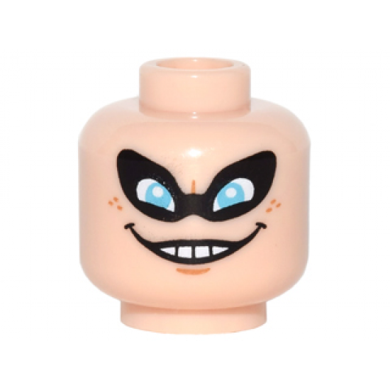 Minifigure, Head Black Eye Mask with Holes over Medium Azure Eyes, Nougat Chin Dimple and Freckles, Evil Wide Open Mouth Smile with Teeth Pattern