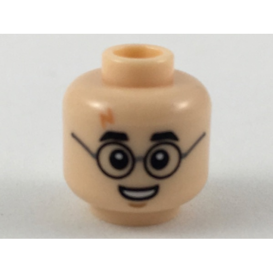 Minifigure, Head Medium Nougat Lightning Scar, Black Eyebrows and Glasses, Small Smile Showing Teeth Pattern