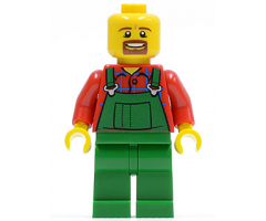 LEGO Brand Store Male, Overalls Farmer Green, Brown Moustache and Goatee, No Headgear (no specific back printing) {Glasgow}