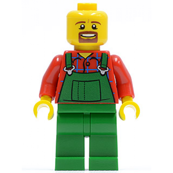 LEGO Brand Store Male, Overalls Farmer Green, Brown Moustache and Goatee, No Headgear (no specific back printing) {Glasgow}
