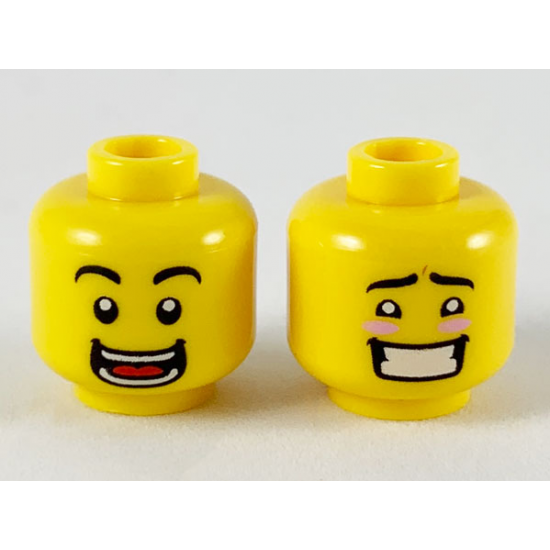 Minifigure, Head Dual Sided Black Eyebrows, Wide Open Smile with Teeth and Tongue / Blushing with Teeth Pattern
