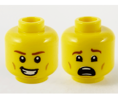 Minifigure, Head Dual Sided Reddish Brown Eyebrows, Medium Nougat Cheek and Chin Lines, Smile with Teeth / Scared Pattern