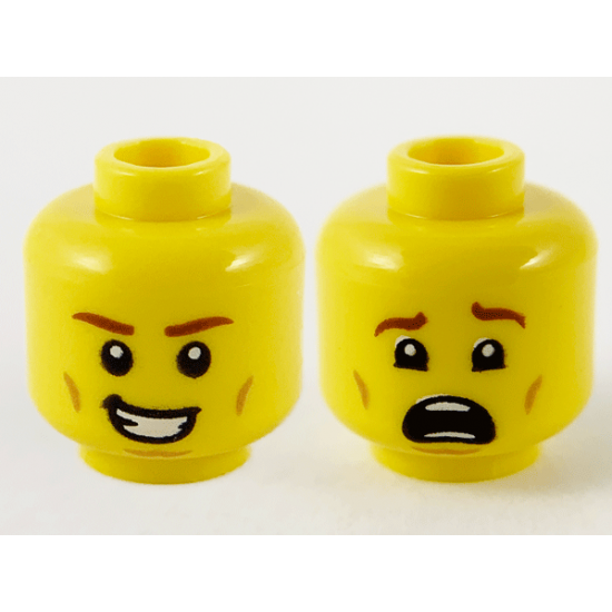 Minifigure, Head Dual Sided Reddish Brown Eyebrows, Medium Nougat Cheek and Chin Lines, Smile with Teeth / Scared Pattern