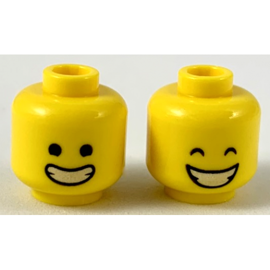 Minifigure, Head Dual Sided Wide Smile with Closed Teeth, Black Eyes / Closed Eyes Pattern
