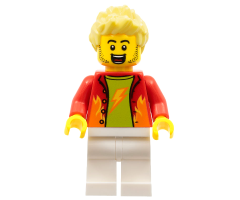 Dynamo Doug - Stuntz Announcer, Spiky Bright Light Yellow Hair, White Legs, Red Jacket over Lime Shirt