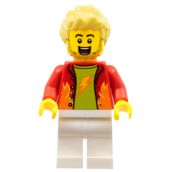 Dynamo Doug - Stuntz Announcer, Spiky Bright Light Yellow Hair, White Legs, Red Jacket over Lime Shirt