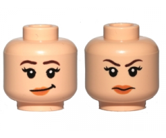 Minifigure, Head Dual Sided Female Dark Brown Eyebrows, Black Eyelashes, Nougat Lips, Lopsided Grin / Angry Frown Pattern