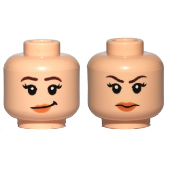 Minifigure, Head Dual Sided Female Dark Brown Eyebrows, Black Eyelashes, Nougat Lips, Lopsided Grin / Angry Frown Pattern