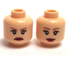 Minifigure, Head Dual Sided Female Reddish Brown Eyebrows, Black Eyelashes, Nougat Eye Shadow, Dark Red Lips, Frown / Grin Pattern