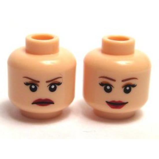 Minifigure, Head Dual Sided Female Reddish Brown Eyebrows, Black Eyelashes, Nougat Eye Shadow, Dark Red Lips, Frown / Grin Pattern
