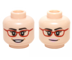 Minifigure, Head Dual Sided Female Glasses Red Frames, Dark Brown Eyebrows with Open Smile / Slight Smile Pattern (Amy Fowler)