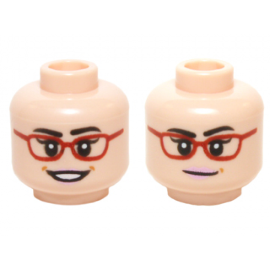 Minifigure, Head Dual Sided Female Glasses Red Frames, Dark Brown Eyebrows with Open Smile / Slight Smile Pattern (Amy Fowler)