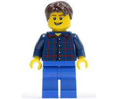 Plaid Button Shirt, Blue Legs, Dark Brown Short Tousled Hair, Lopsided Grin with Teeth