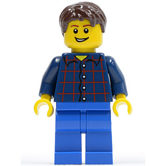 Plaid Button Shirt, Blue Legs, Dark Brown Short Tousled Hair, Lopsided Grin with Teeth