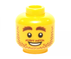 Minifigure, Head Reddish Brown Bushy Eyebrows, Moustache, and Beard Stubble, Open Mouth Smile with Teeth Pattern