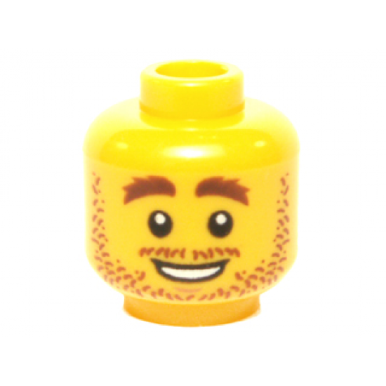 Minifigure, Head Reddish Brown Bushy Eyebrows, Moustache, and Beard Stubble, Open Mouth Smile with Teeth Pattern