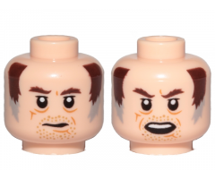 Minifigure, Head Dual Sided Dark Brown Eyebrows, Brown and Gray Sideburns, Stubble, Mouth Closed / Open Pattern (SW Wuher)