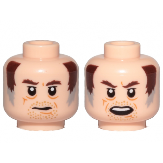Minifigure, Head Dual Sided Dark Brown Eyebrows, Brown and Gray Sideburns, Stubble, Mouth Closed / Open Pattern (SW Wuher)
