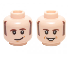 Minifigure, Head Dual Sided Dark Brown Sideburns and Eyebrows, White Pupils with Lopsided / Open Smile Pattern (Howard Wolowitz)