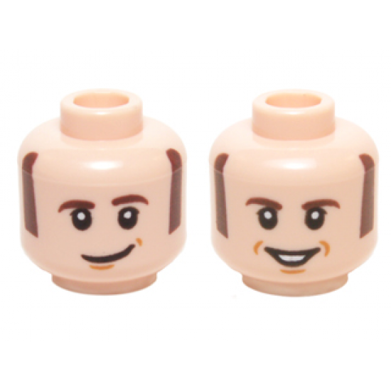 Minifigure, Head Dual Sided Dark Brown Sideburns and Eyebrows, White Pupils with Lopsided / Open Smile Pattern (Howard Wolowitz)