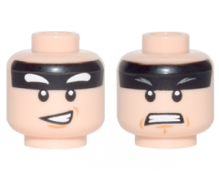 Minifigure, Head Dual Sided Black Headband, Squinted Batman Eyes, Medium Nougat Chin Dimple, Lopsided Open Mouth Smile / Angry Bared Teeth Pattern