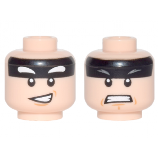 Minifigure, Head Dual Sided Black Headband, Squinted Batman Eyes, Medium Nougat Chin Dimple, Lopsided Open Mouth Smile / Angry Bared Teeth Pattern