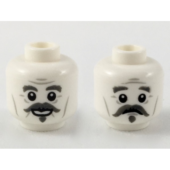 Minifigure, Head Dual Sided Dark Bluish Gray Bushy Eyebrows, Handlebar Moustache and Soul Patch, Light Bluish Gray Wrinkles, Cheek Lines and Forehead Creases, Open Mouth Smile / Worried Expression Pattern