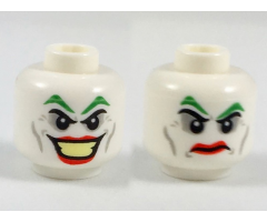 Minifigure, Head Dual Sided Green Eyebrows, Light Bluish Gray Eye Shadow, Cheek Lines and Dimples, Red Lips, Large Open Mouth Smile with Bright Light Yellow Teeth / Angry Frown Pattern