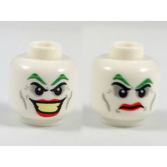 Minifigure, Head Dual Sided Green Eyebrows, Light Bluish Gray Eye Shadow, Cheek Lines and Dimples, Red Lips, Large Open Mouth Smile with Bright Light Yellow Teeth / Angry Frown Pattern