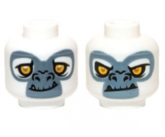 Minifigure, Head Dual Sided Alien Chima Gorilla with Yellow Eyes, Fangs and Gray and White Face, Happy / Angry Pattern (Grizzam)