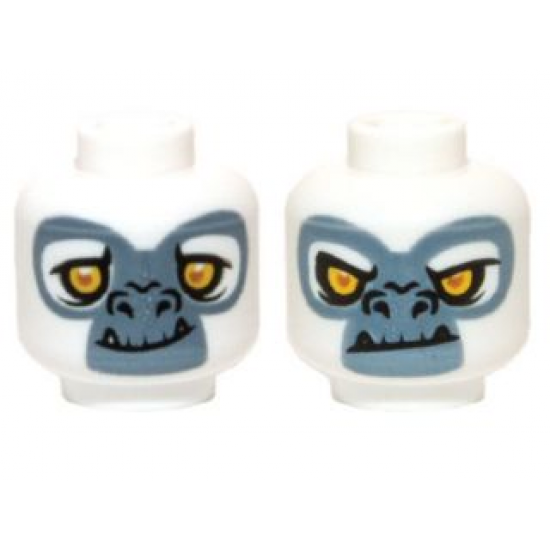 Minifigure, Head Dual Sided Alien Chima Gorilla with Yellow Eyes, Fangs and Gray and White Face, Happy / Angry Pattern (Grizzam)