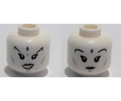Minifigure, Head Dual Sided Female Dark Purple Bindi, Black Eyelashes and Eyebrows, Open Mouth / Closed Mouth Pattern