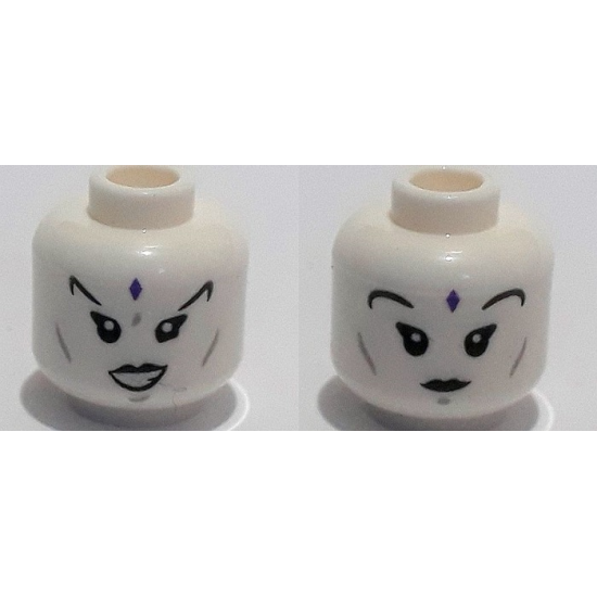 Minifigure, Head Dual Sided Female Dark Purple Bindi, Black Eyelashes and Eyebrows, Open Mouth / Closed Mouth Pattern