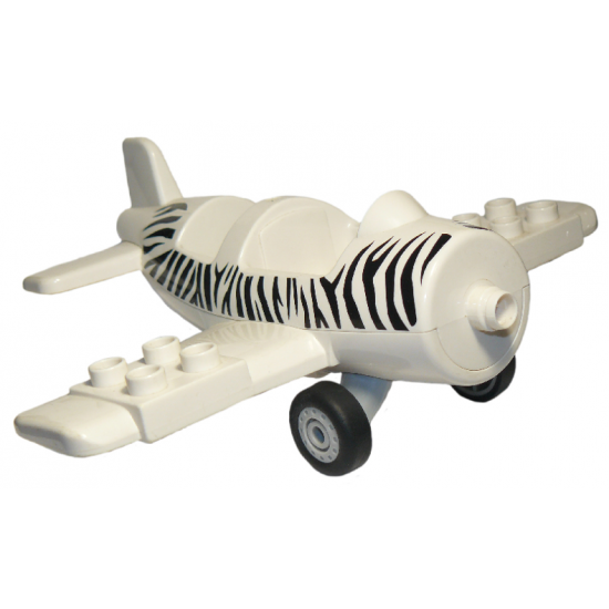 Duplo, Aircraft Airplane Small with Rear Cargo Bay, Light Bluish Gray Wheels Assembly and Zebra Stripes Pattern, Large Propeller Pin