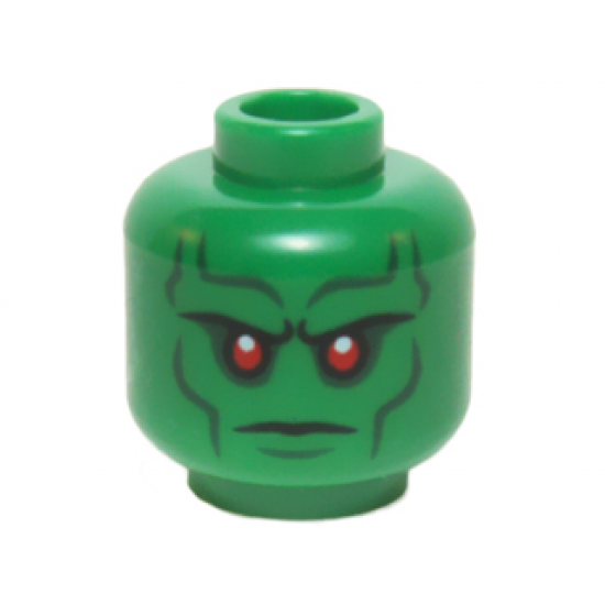 Minifigure, Head Alien with Red Eyes, Dark Bluish Gray Eye Shadow, Eyebrows, Cheek Lines, and Chin Dimple Pattern (Martian Manhunter)