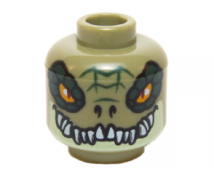 Minifigure, Head Alien Chima Crocodile with Dark Green Rimmed Eyes, Teeth and Yellowish Green Lower Jaw Pattern