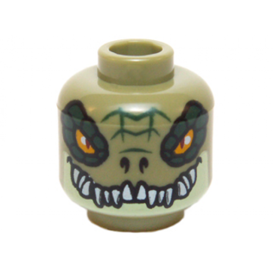 Minifigure, Head Alien Chima Crocodile with Dark Green Rimmed Eyes, Teeth and Yellowish Green Lower Jaw Pattern