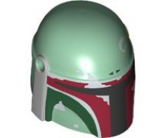Minifigure, Headgear Helmet with Holes, SW Mandalorian with Dark Green Cheek Indents and Silver Battle Damage - Type 2, Full Dark Red Visor Outline Right Pattern