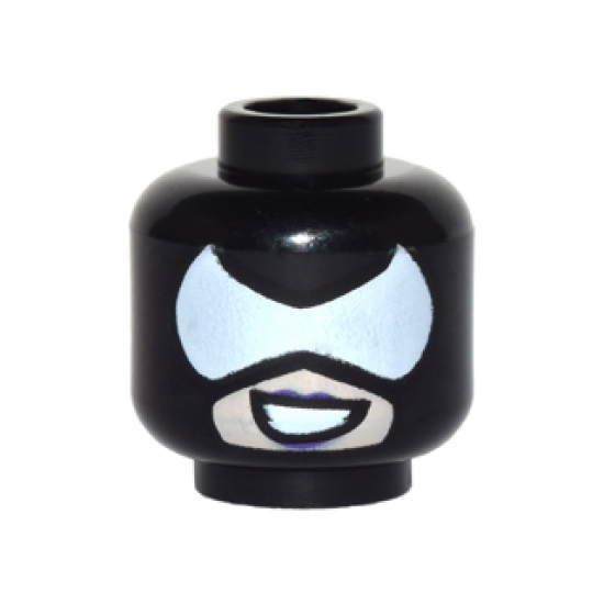 Minifigure, Head Mask with White Pointed Eye Opening over Light Nougat Skin, Dark Purple Lips and Open Mouth Grin Pattern