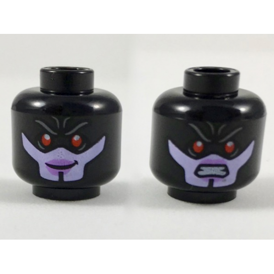 Minifigure, Head Dual Sided Alien Female with Red Eyes, Lavender Lower Face, Smiling / Scowling Expression Pattern