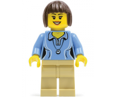 Medium Blue Female Shirt with Two Buttons and Shell Pendant, Tan Legs, Dark Brown Bob Cut Hair