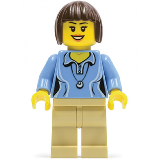 Medium Blue Female Shirt with Two Buttons and Shell Pendant, Tan Legs, Dark Brown Bob Cut Hair