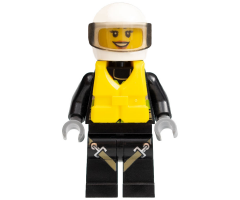 Fire - Reflective Stripes with Utility Belt and Flashlight, Life Jacket Center Buckle, White Helmet, Trans-Black Visor, Peach Lips Open Mouth Smile
