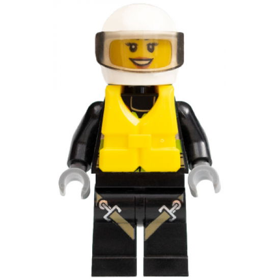 Fire - Reflective Stripes with Utility Belt and Flashlight, Life Jacket Center Buckle, White Helmet, Trans-Black Visor, Peach Lips Open Mouth Smile