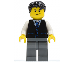 Black Vest with Blue Striped Tie, Dark Bluish Gray Legs, White Arms, Black Short Tousled Hair