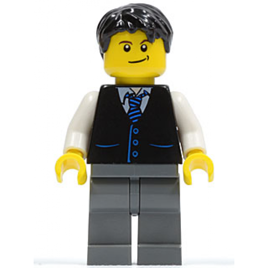 Black Vest with Blue Striped Tie, Dark Bluish Gray Legs, White Arms, Black Short Tousled Hair