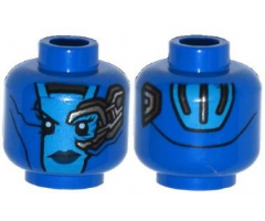 Minifigure, Head Alien Female Dark Azure Face, Dark Blue Lips, Mechanical Left Eye, Silver Stripes on Back Pattern