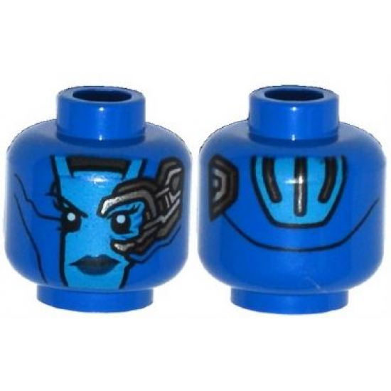 Minifigure, Head Alien Female Dark Azure Face, Dark Blue Lips, Mechanical Left Eye, Silver Stripes on Back Pattern