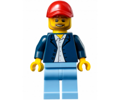 Race Official - Male, Dark Blue Blazer over White Button Down Shirt, Medium Blue Legs, Red Cap with Hole, Beard